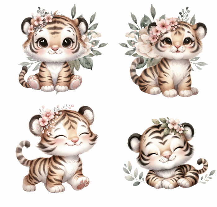 Lot Thermocollant pour tissus Tigre Fille Fleurs