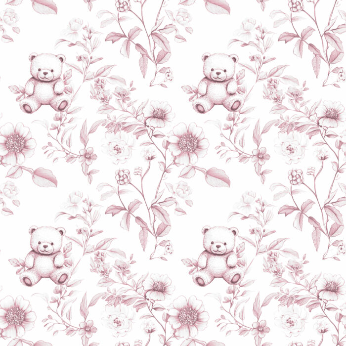 Tissu Inspiration Toile de Jouy Fleuri Ourson Rose, 11 tissus au choix