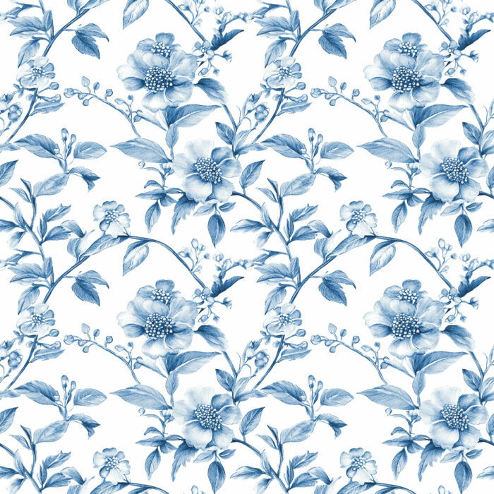 Tissu Inspiration Toile de Jouy Fleurs Harmonie Bleu, 11 tissus au choix