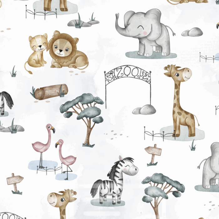 Tissu Imprimé Animaux Adorables Zoo Blanc, 10 tissus au choix