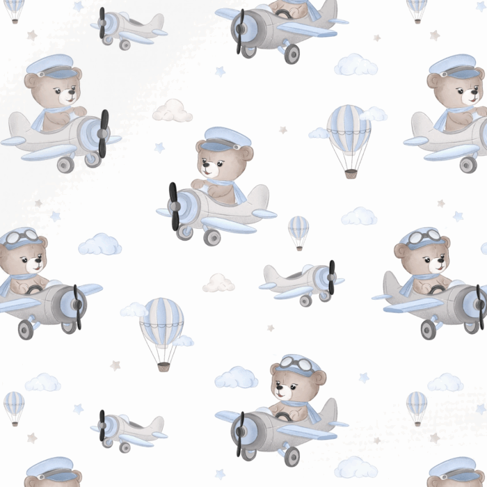 Tissu Imprimé Avion Ourson Pilote Bleu, 10 tissus au choix