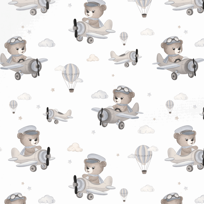 Tissu Imprimé Avion Ourson Pilote Vintage, 10 tissus au choix
