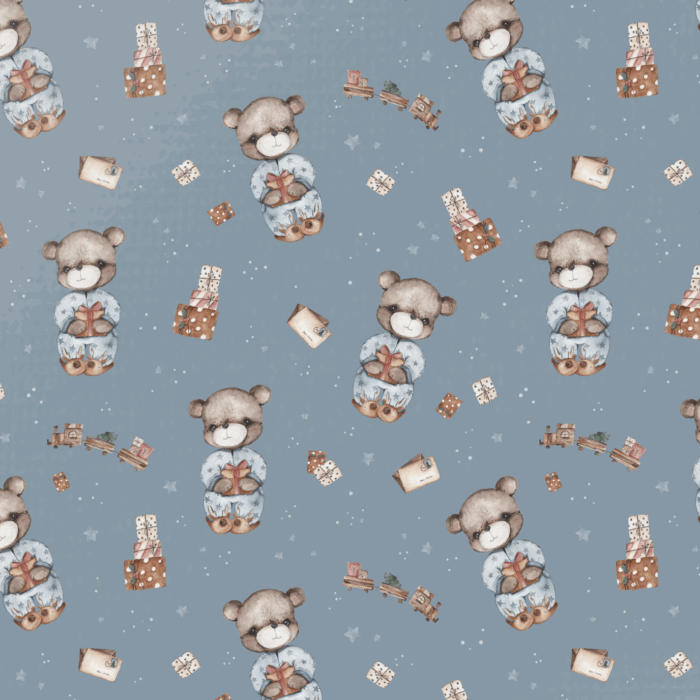 Tissu Imprimé Cadeau de Noel Ourson Bleu, 10 tissus au choix