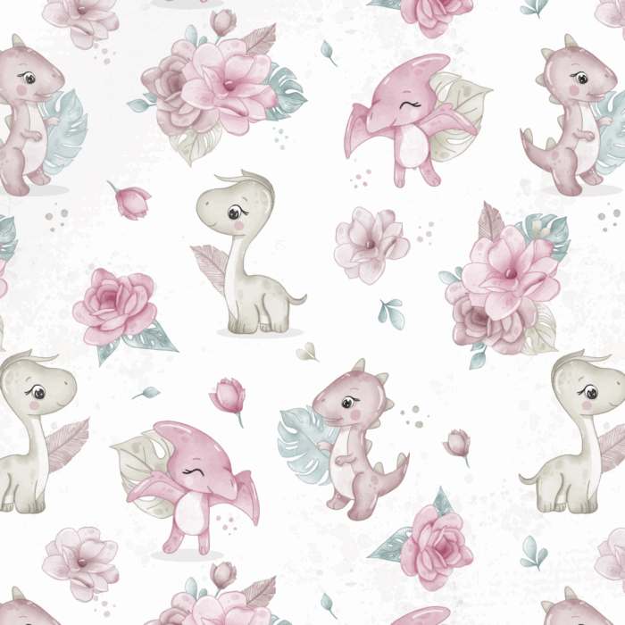 Tissu Imprimé Dinosaure Fille Fleurs 4 coloris, 10 tissus au choix – Image 4