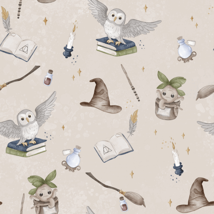 Tissu Imprimé Ecole Magie Hibou Beige, 10 tissus au choix