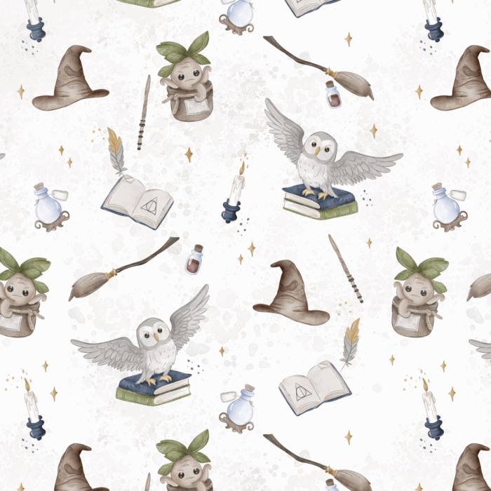Tissu Imprimé Ecole Magie Hibou Blanc, 10 tissus au choix