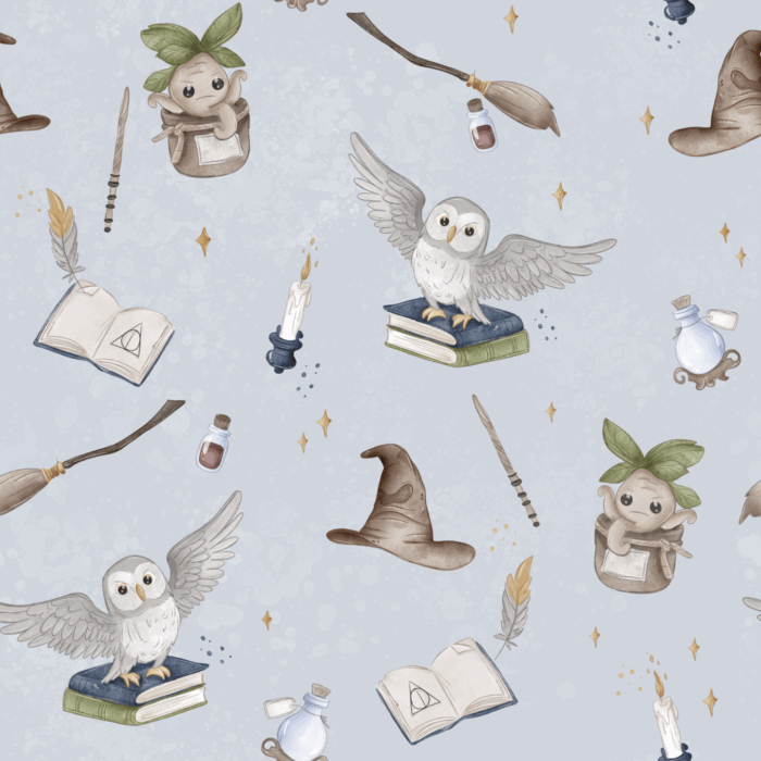 Tissu Imprimé Ecole Magie Hibou Bleu Ciel, 10 tissus au choix