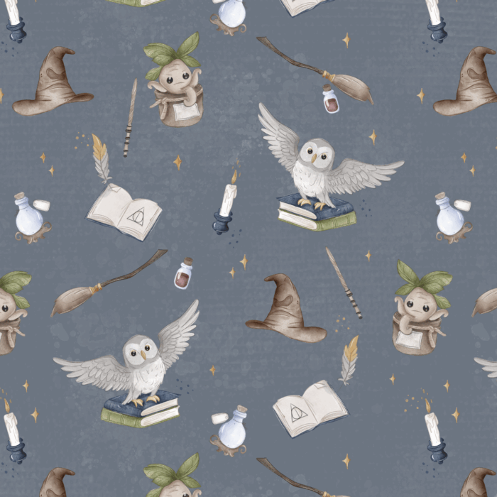 Tissu Imprimé Ecole Magie Hibou Bleu Gris, 10 tissus au choix