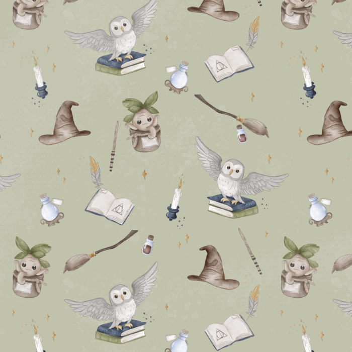 Tissu Imprimé Ecole Magie Hibou Vert, 10 tissus au choix