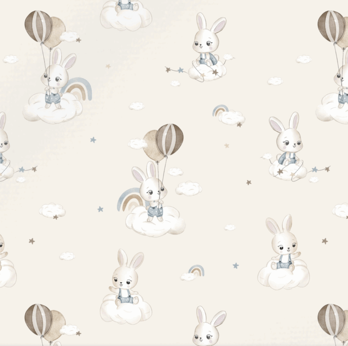 Tissu Imprimé Lapin Nuage Ballons Beige, 10 tissus au choix