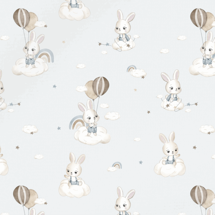 Tissu Imprimé Lapin Nuage Ballons Bleu, 10 tissus au choix