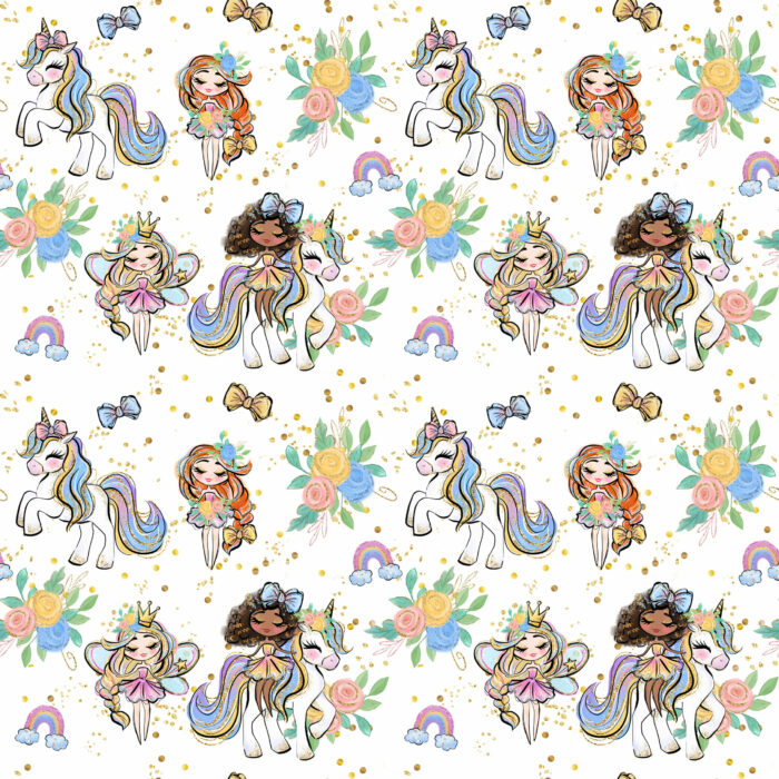 Tissu Imprimé Licorne Et Filles Blanc, 10 tissus au choix