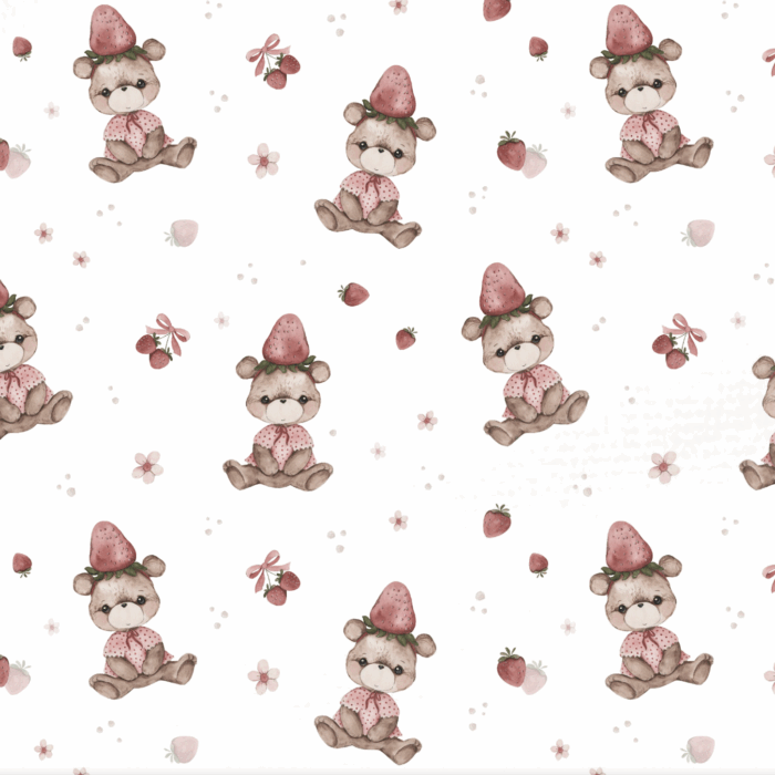 Tissu Imprimé Ourson Fraise Fleurs, 10 tissus au choix