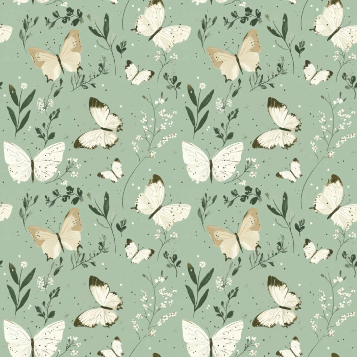 Tissu Imprimé Papillon Fleurs Vert Sauge, 10 tissus au choix