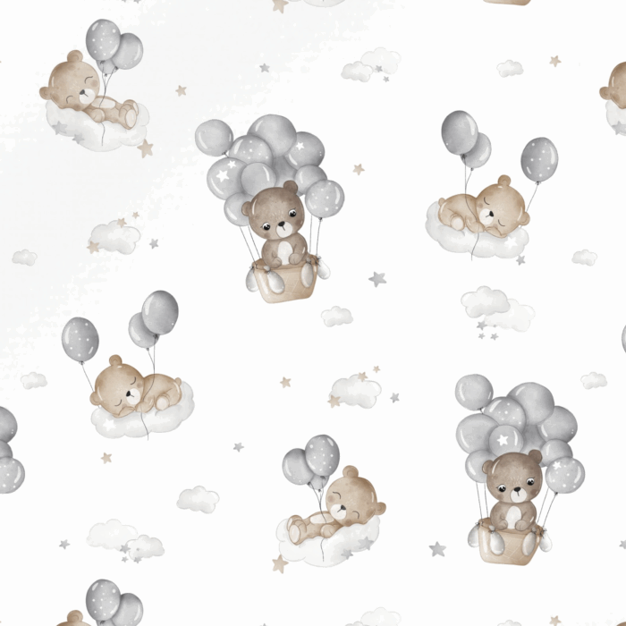 Tissu Imprimé Ourson Ballons et Etoiles Blanc, 10 tissus au choix