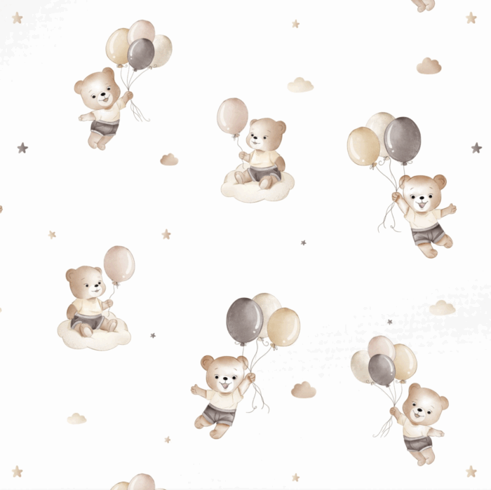 Tissu Imprimé Ourson Joyeux Ballons Blanc, 10 tissus au choix