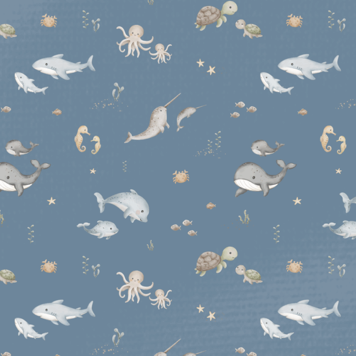 Tissu Imprimé Baleine Amis Minimaliste Bleu, 10 tissus au choix