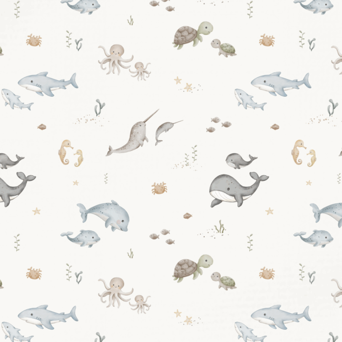 Tissu Imprimé Baleine Amis Minimaliste Creme, 10 tissus au choix