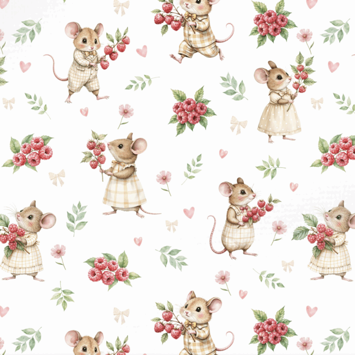 Tissu Imprimé Framboise Souris Vintage, 10 tissus au choix