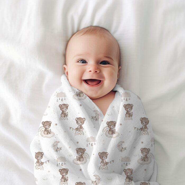Tissu Imprimé Ourson Arc-en-ciel Guirlande Blanc, 10 tissus au choix – Image 3