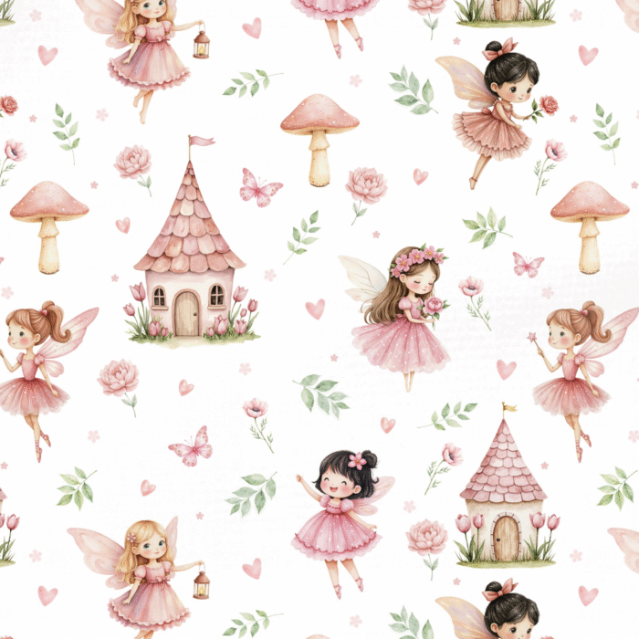 Tissu Imprimé Fées de Foret Rose, 10 tissus au choix
