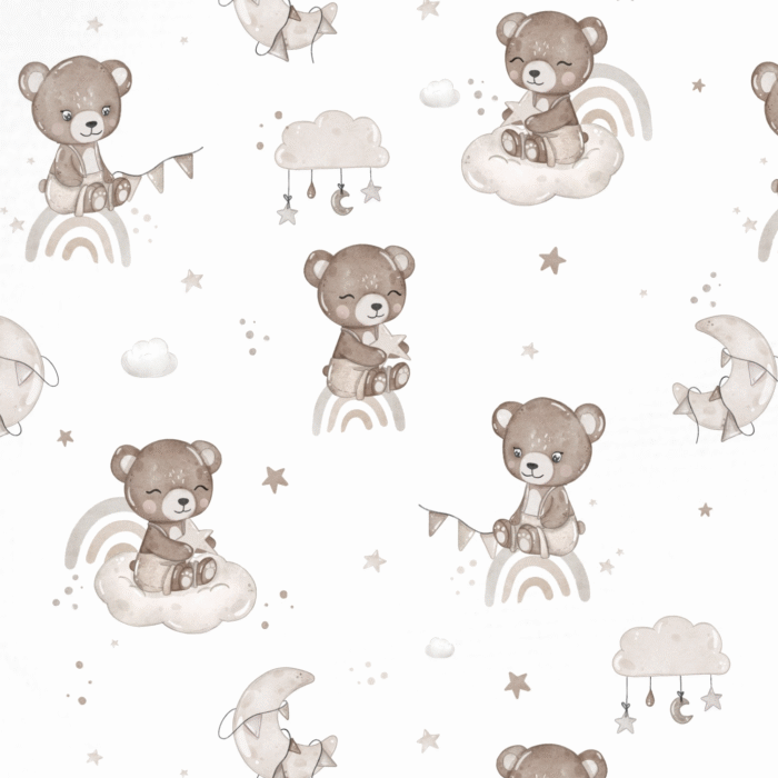 Tissu Imprimé Ourson Arc-en-ciel Guirlande Blanc, 10 tissus au choix