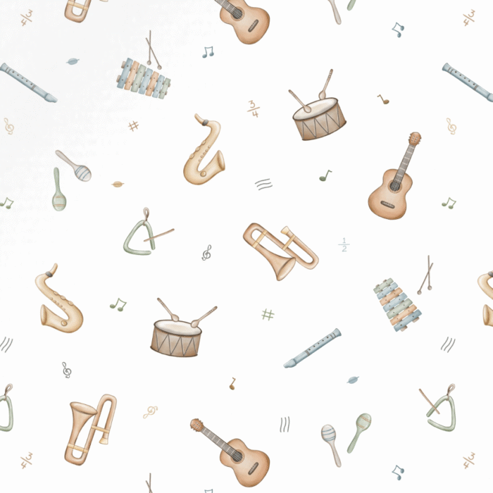 Tissu Imprimé Musique Instruments Blanc, 10 tissus au choix