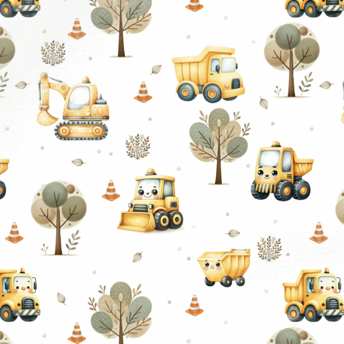 Tissu Imprimé Camions Mignons Jaunes, 10 tissus au choix