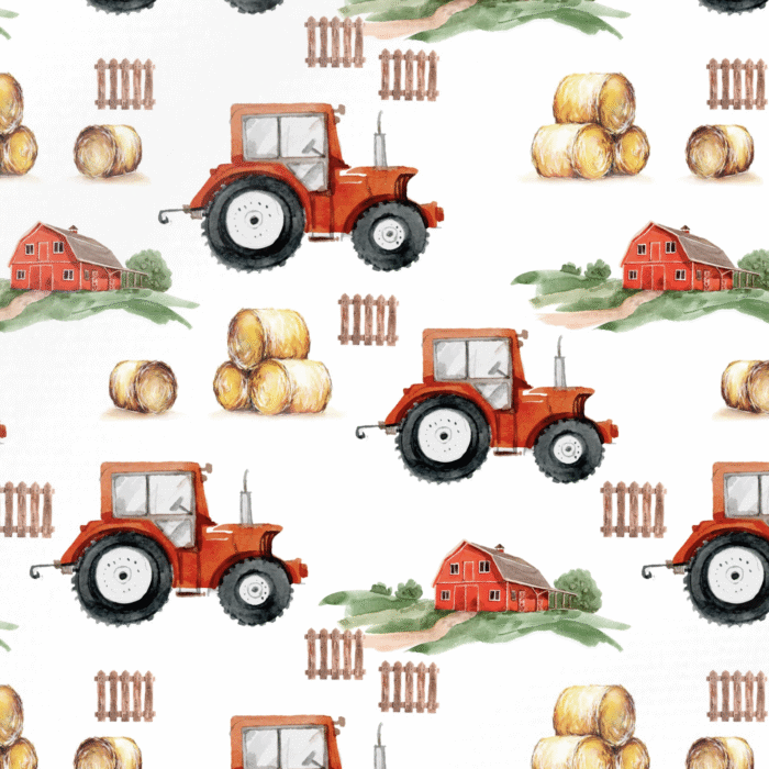 Tissu Imprimé Tracteur Rouge Ferme, 11 tissus au choix