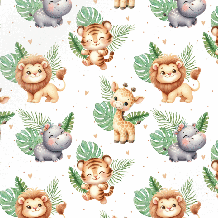 Tissu Imprimé Animaux Safari Feuilles Blanc, 11 tissus au choix