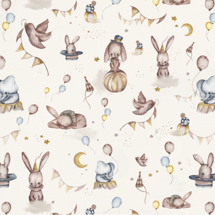 Tissu Imprimé Lapin Elephant Cirque, 10 tissus au choix