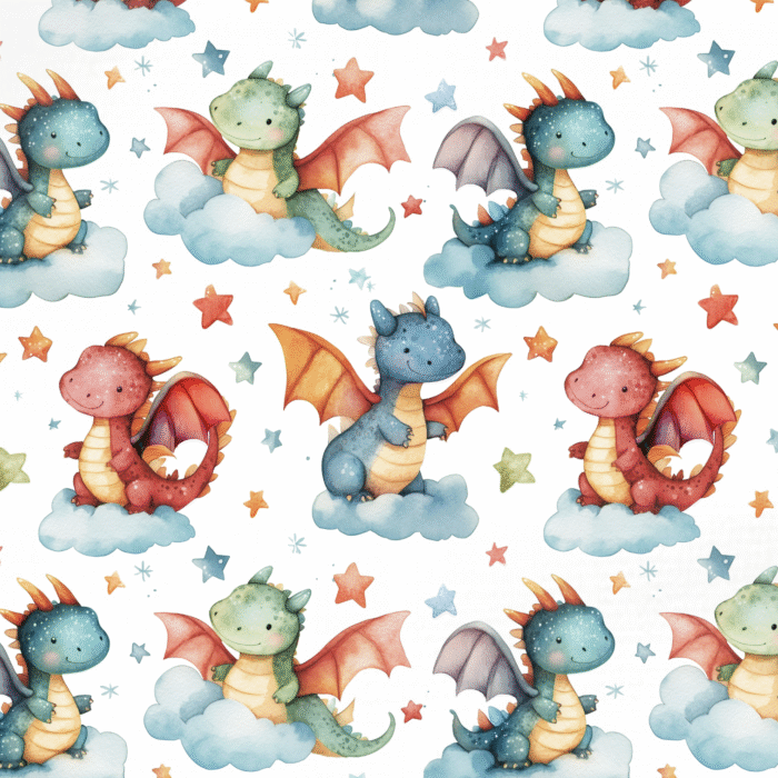 Tissu Imprimé Dragons Mignons Etoiles, 11 tissus au choix