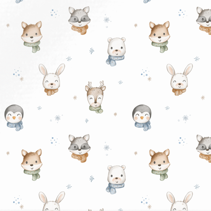 Tissu Imprimé Animaux Flocons Hiver Blanc, 10 tissus au choix