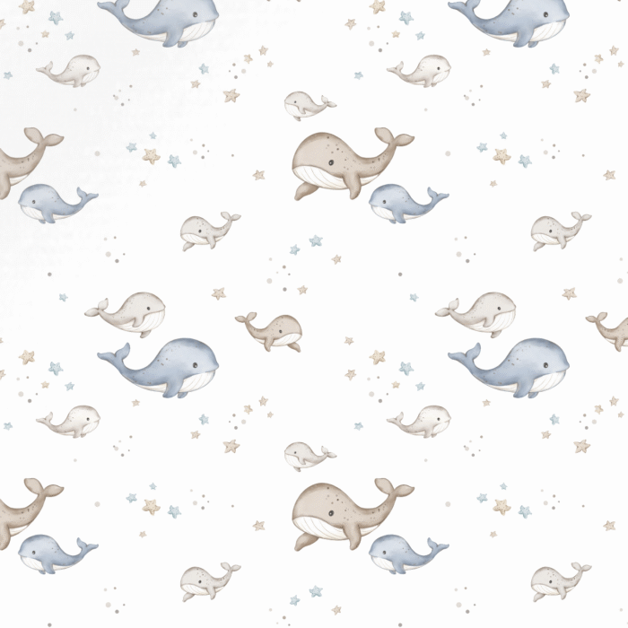 Tissu Imprimé Baleines et Etoiles Blanc, 10 tissus au choix
