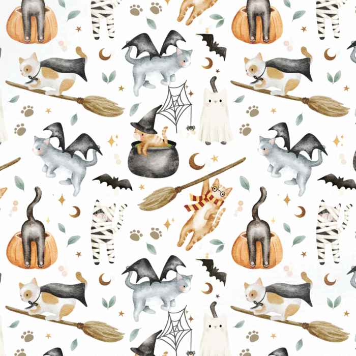 Tissu Imprimé Halloween Chats Blanc, 10 tissus au choix