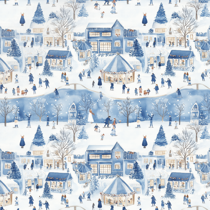 Tissu Imprimé Noel Joyeux Village Bleu, 10 tissus au choix