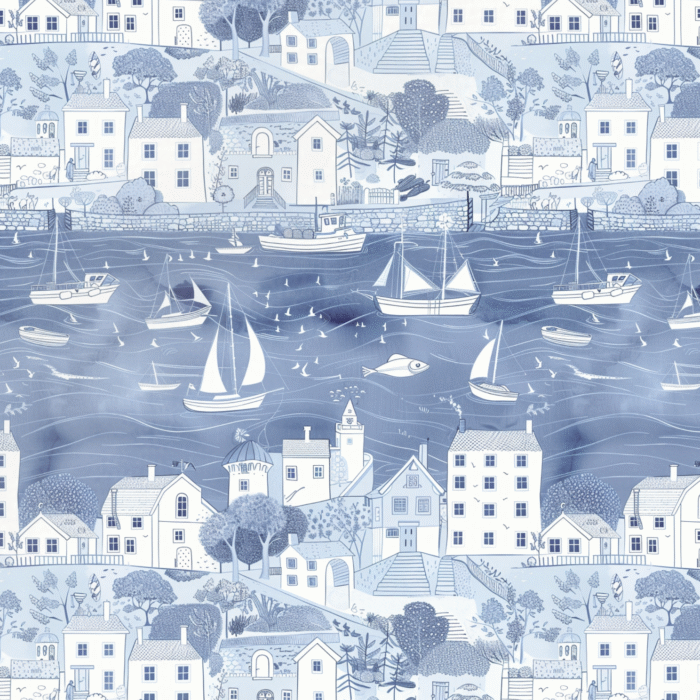 Tissu Imprimé Marin Village Bateau Bleu, 11 tissus au choix