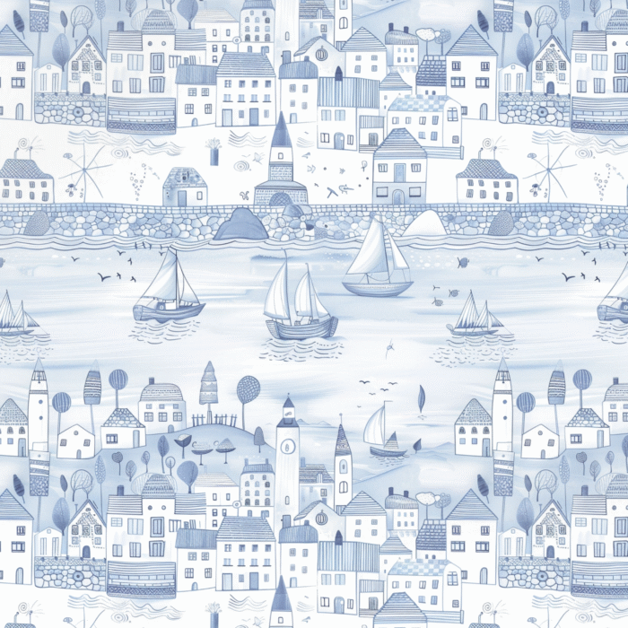 Tissu Imprimé Marin Village Bateau Blanc, 11 tissus au choix