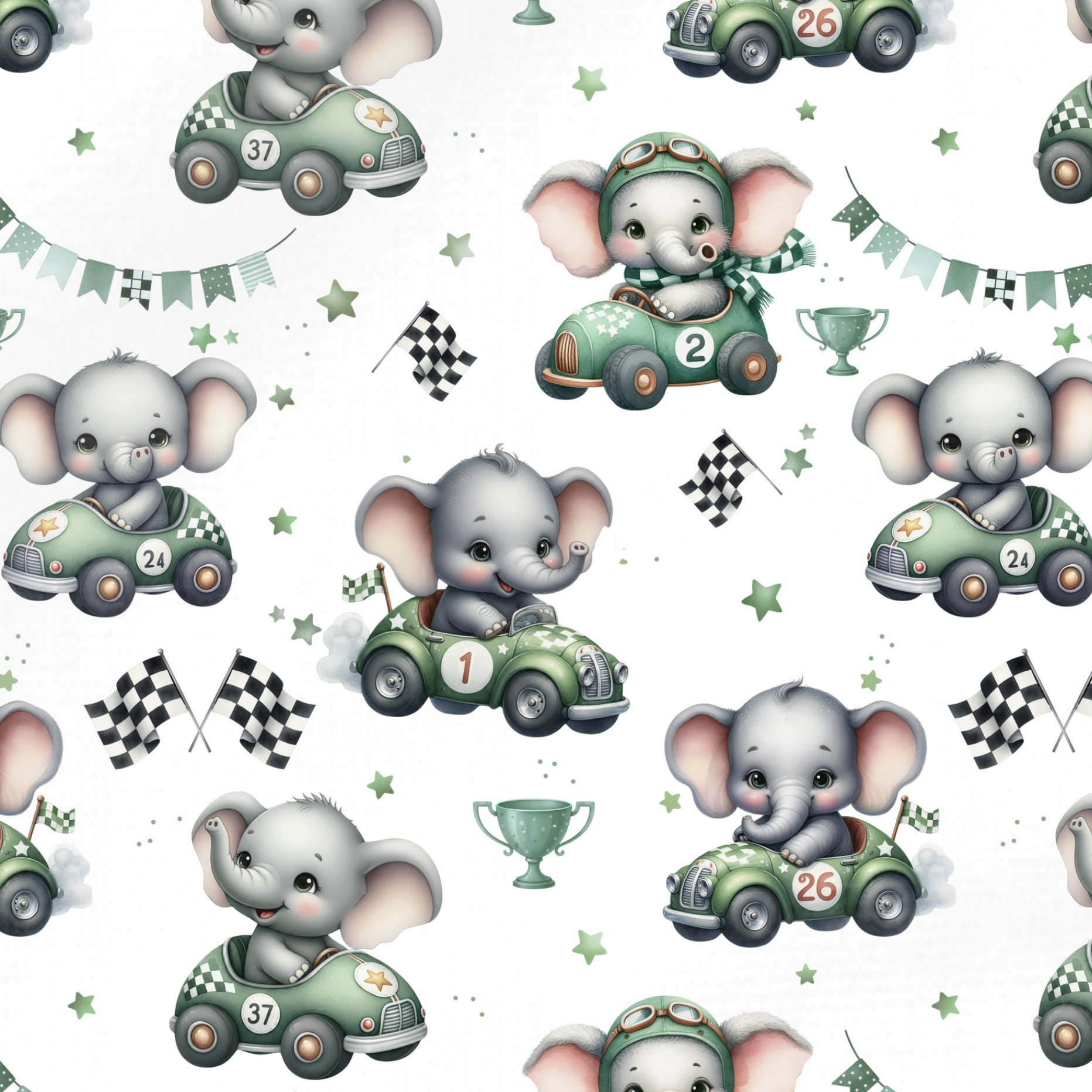 Tissu Imprimé Elephant Voiture Verte, 11 tissus au choix