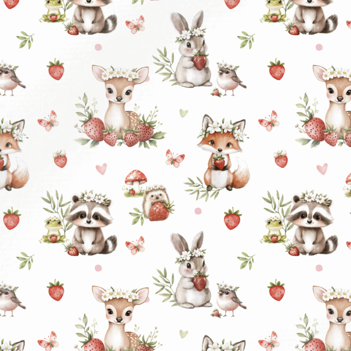 Tissu Exclusif Animaux de la Foret Fraises, 11 tissus au choix