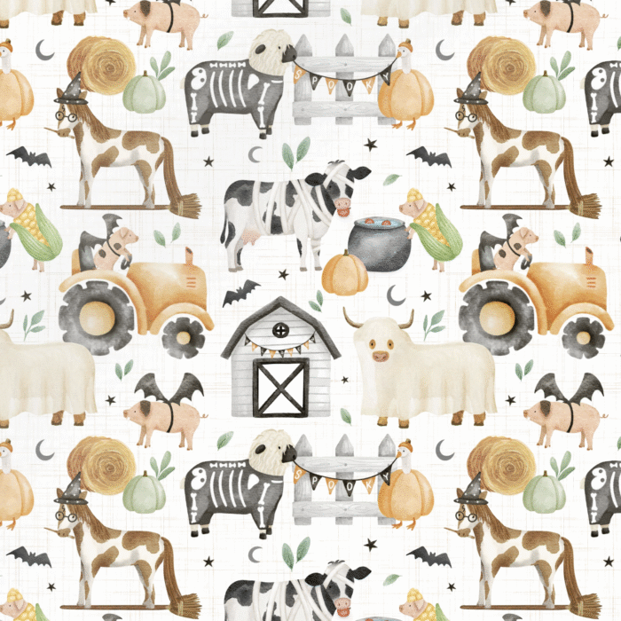 Tissu Imprimé Halloween Animaux de la Ferme, 10 tissus au choix