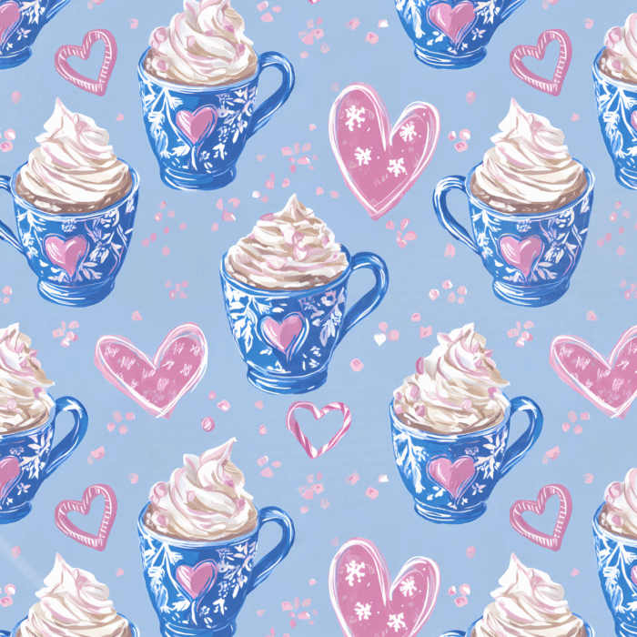 Tissu Imprimé Chocolat Chaud Coeur Bleu, 10 tissus au choix