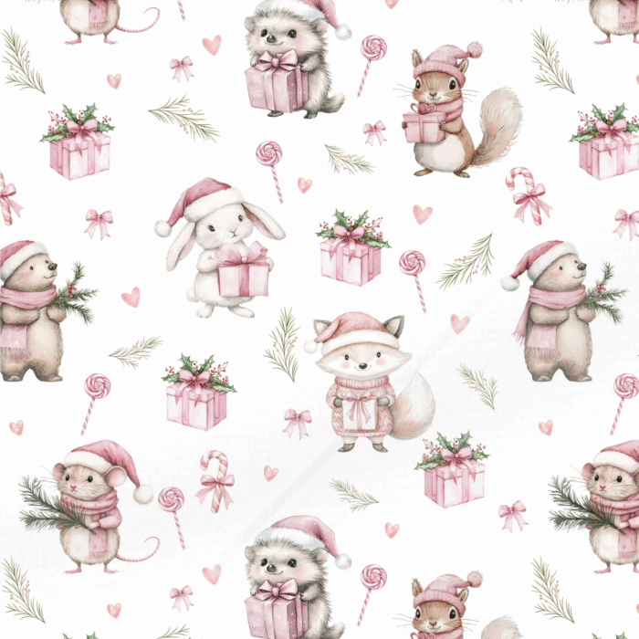 Tissu Imprimé Noel Animaux Foret Rose, 10 tissus au choix