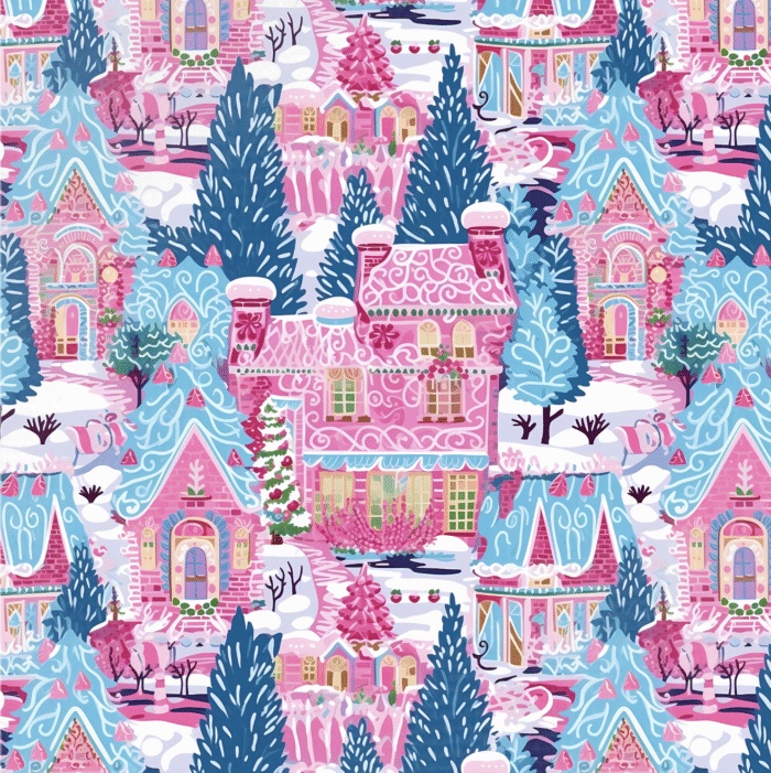 Tissu Imprimé Village de Noel Rose Bleu, 11 tissus au choix