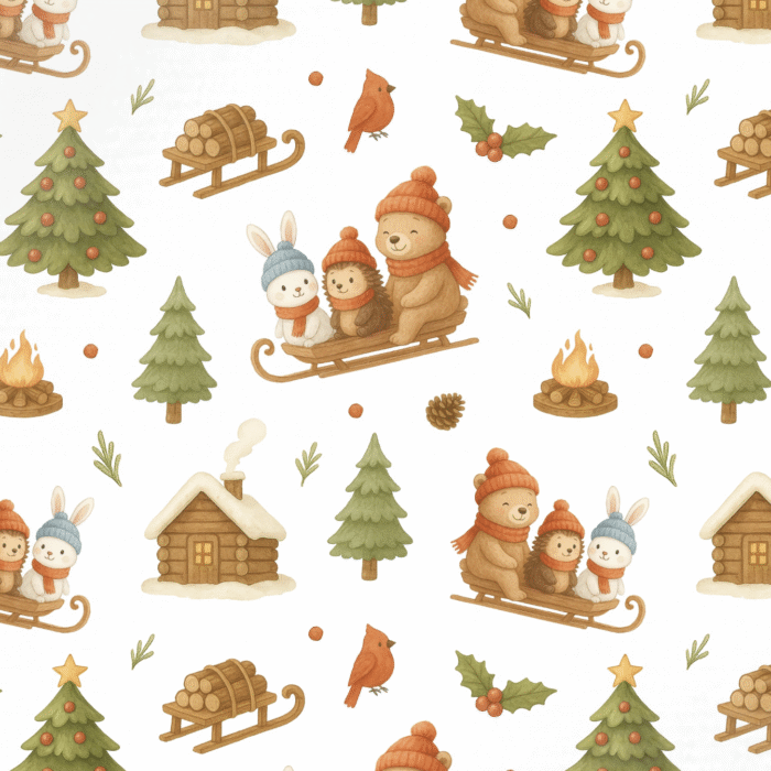 Tissu Imprimé Noel Animaux Vintage Luge, 10 tissus au choix