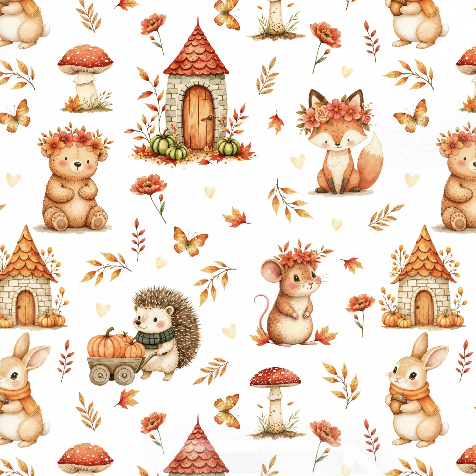 Tissu Imprimé Automne Animaux Mignons Feuilles, 11 tissus au choix