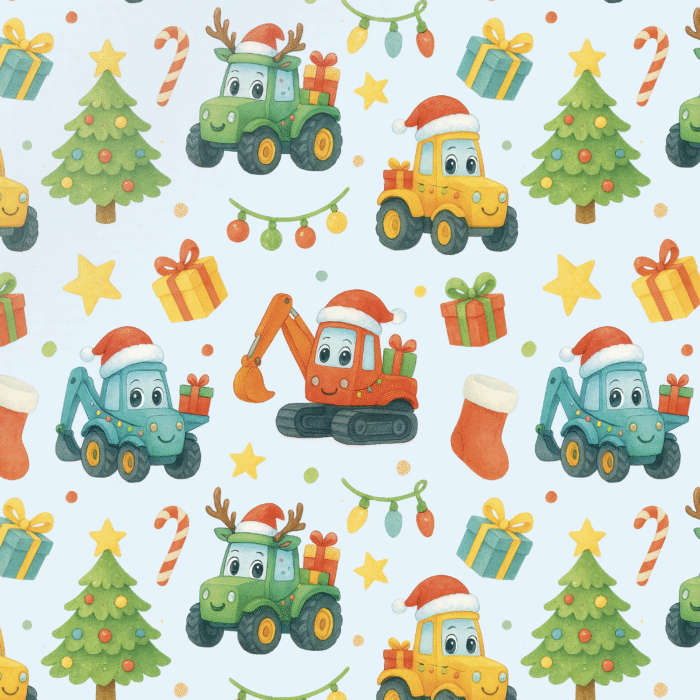 Tissu Imprimé Noel Camion Tractopelle Bleu, 10 tissus au choix