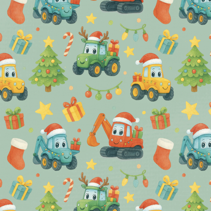 Tissu Imprimé Noel Camion Tractopelle Vert, 10 tissus au choix