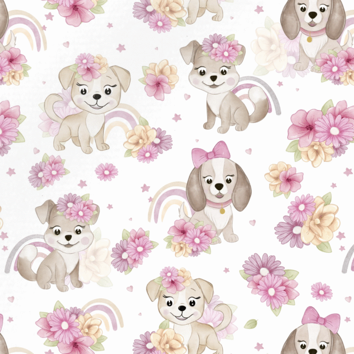 Tissu Imprimé Arc-en-ciel Fleurs Roses Chien, 10 tissus au choix