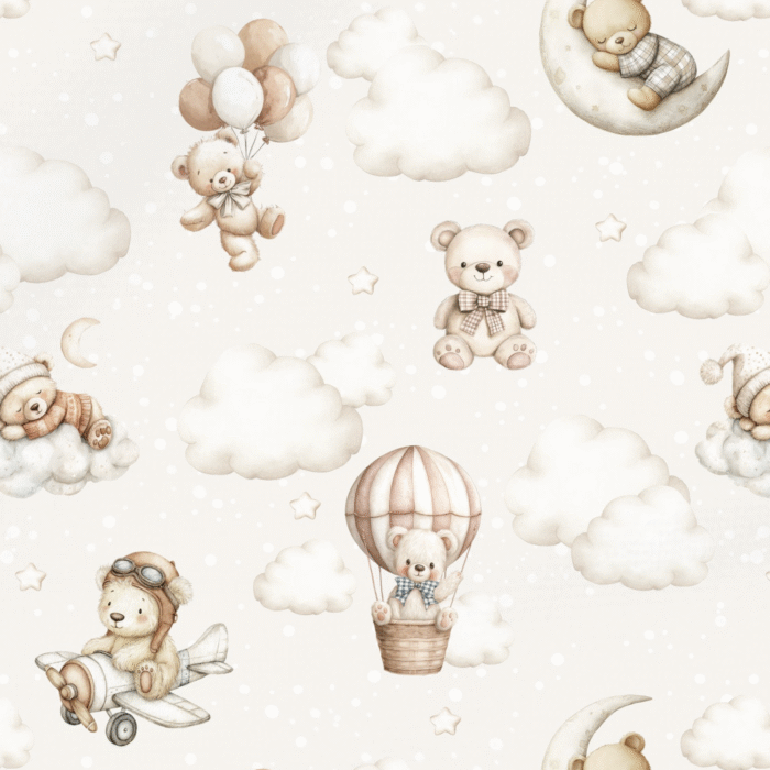 Tissu Imprimé Ourson Ciel Beige Pastel, 10 tissus au choix
